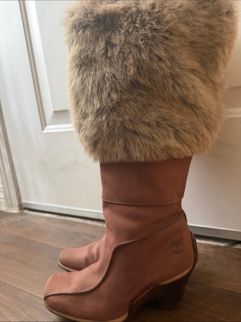 Women’s Blush Leather Knee high Heeled Fur Top Boots